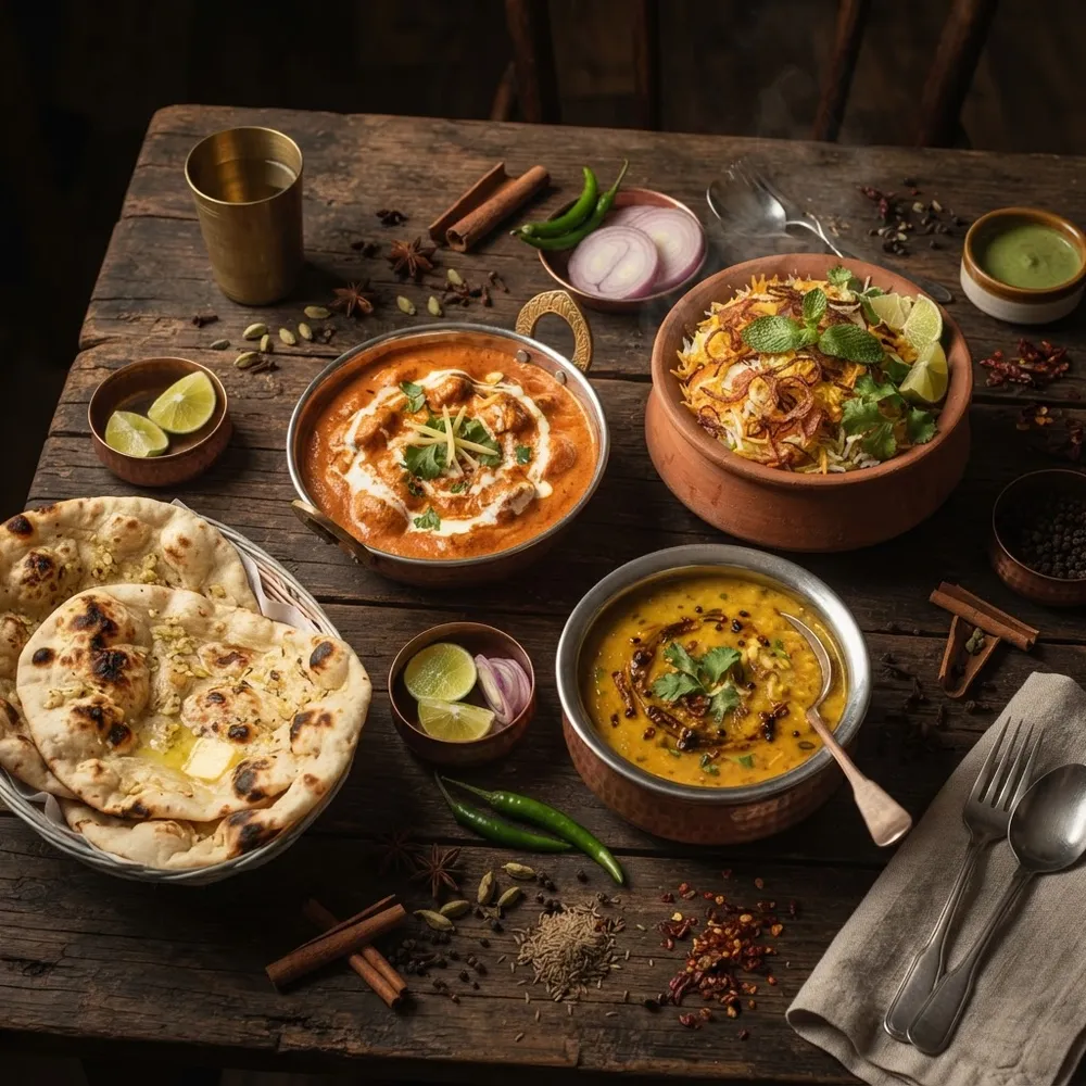 Ett bord med indiska curryrätter, ris och naan