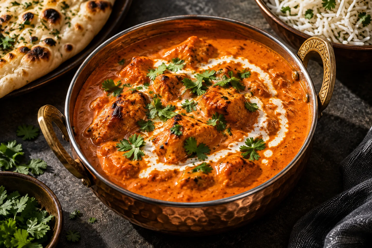 Indisk curry, ris och naan på ett dukat bord